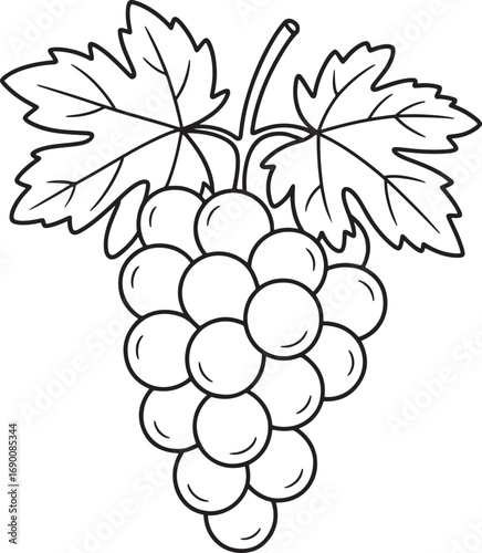 Monochrome Grapes Illustration A Detailed Black and White Drawing of a Bunch of Grapes with Leaves