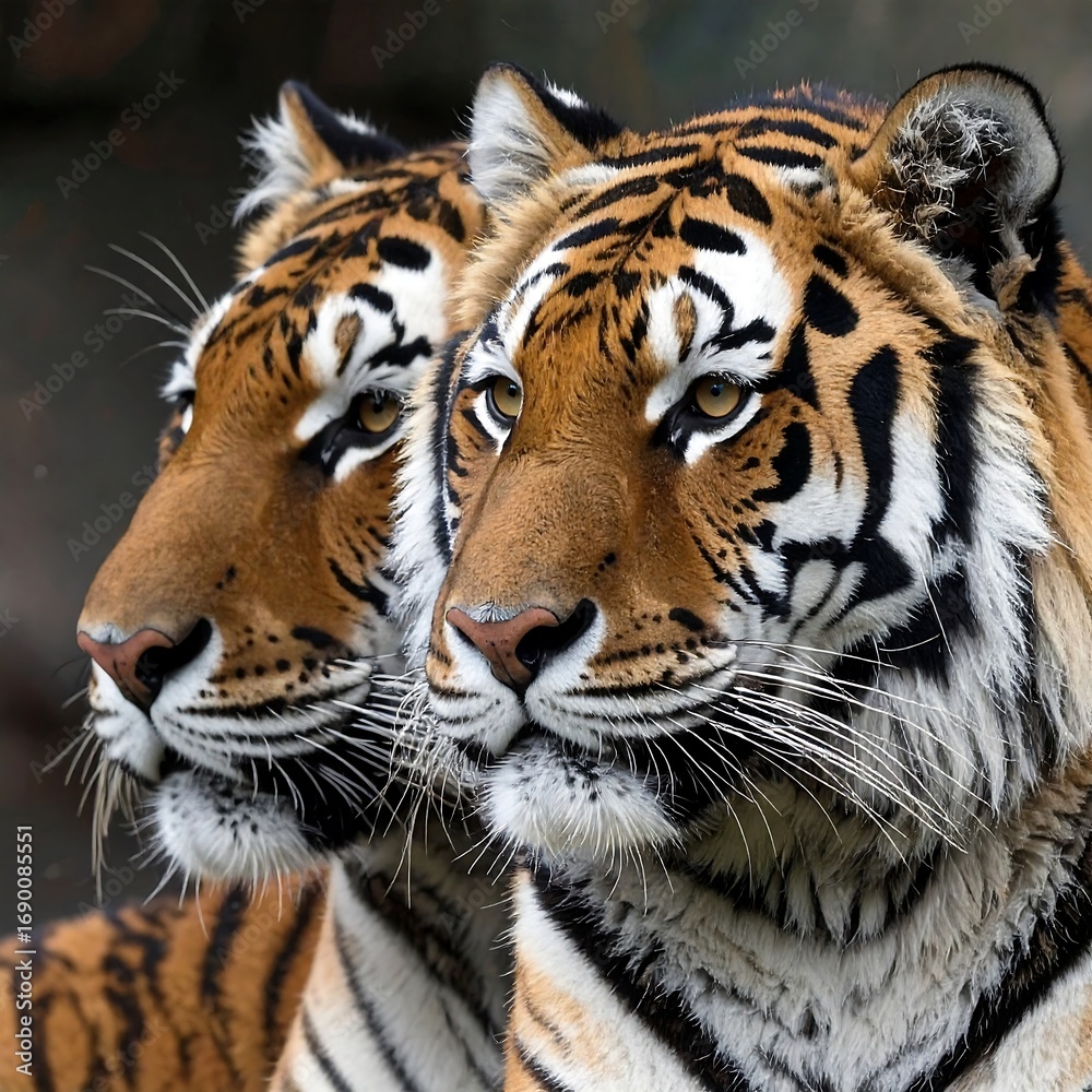 Obraz premium Two majestic tigers gazing intently in a lush jungle