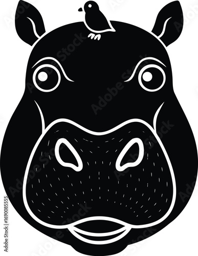 Vector art of a charming black silhouette of a hippopotamus head with a small bird perched on its head, featuring large round eyes and a textured snout, isolated on a