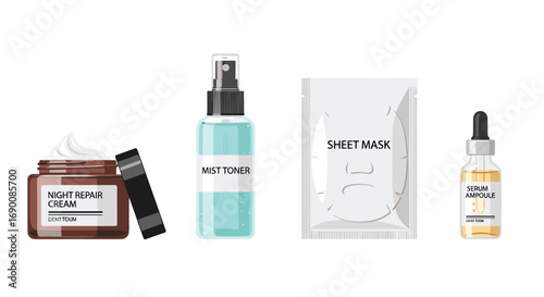 Achieve glowing skin with this modern skincare set featuring serum toner mask and cream, Generative AI.