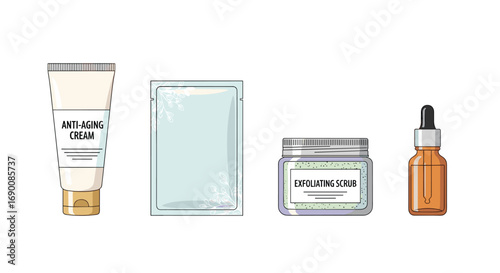 Discover radiant skin with this curated collection of anti-aging cream face mask scrub and serum, Generative AI.