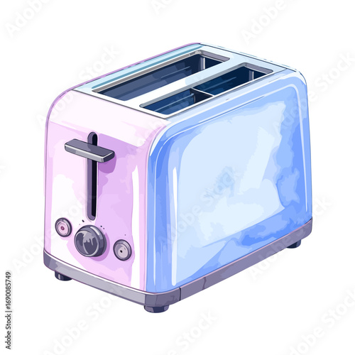 Modern two slice toaster with a pink and blue color scheme.