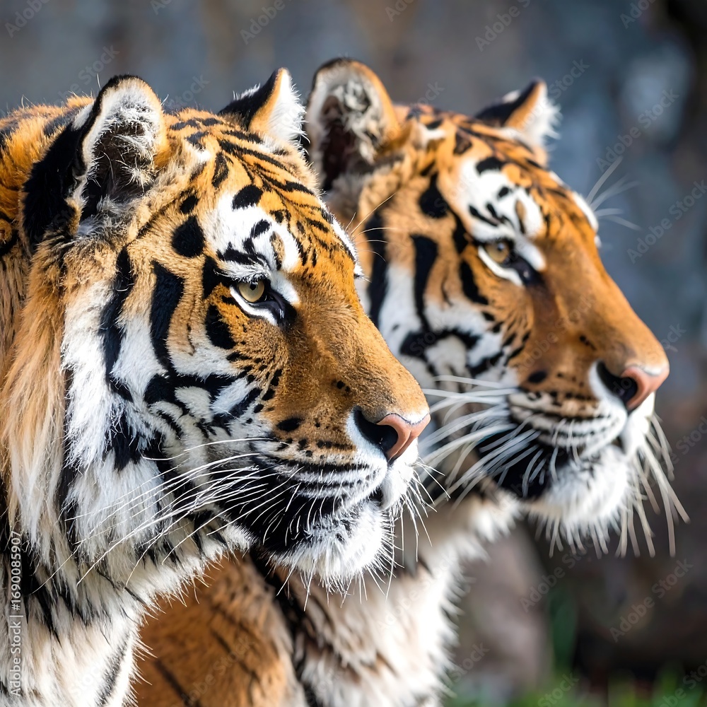 Obraz premium Two majestic tigers gazing intently in nature
