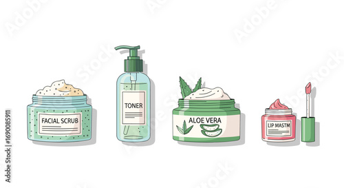 Discover radiant skin with this collection of natural beauty products including facial scrub toner aloe vera and lip balm, Generative AI.