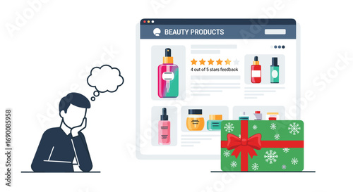 Thoughtful man considering online beauty product purchase with excellent reviews and gift option, Generative AI.