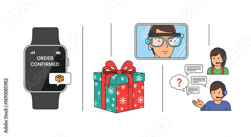 Smartwatch order confirmation gift box AR glasses user and customer support chat icons, Generative AI.