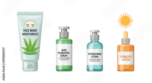 Nourish and protect your skin with this essential aloe vera skincare set featuring face wash serum lotion and sunblock, Generative AI.