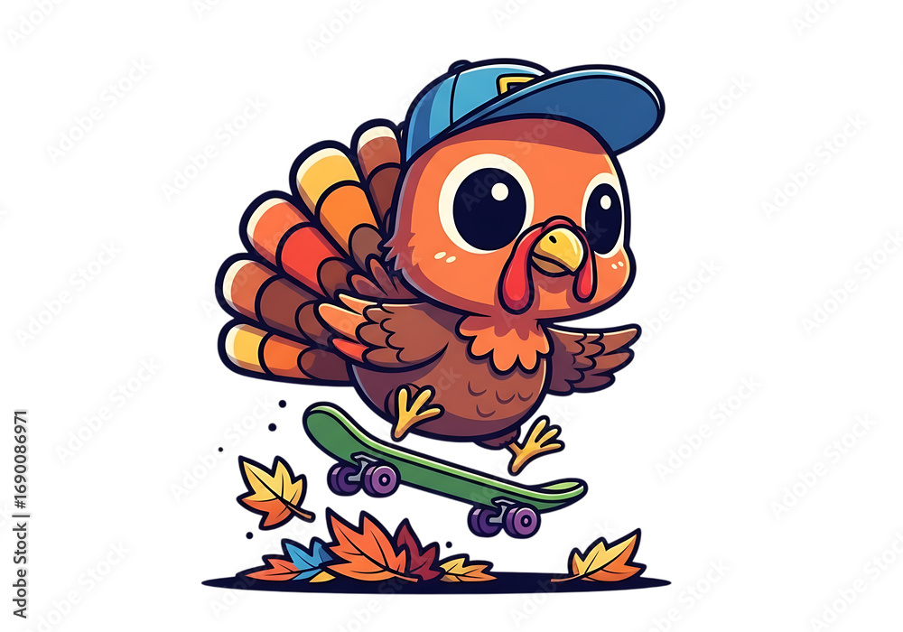 Fototapeta premium Cute cartoon turkey character wearing a baseball cap riding a skateboard autumn leaves falling transparent background