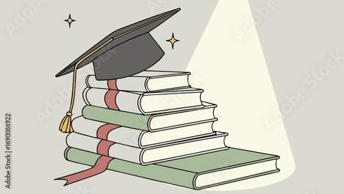 Graduation cap on a stack of books education concept illustration.