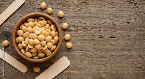 Depilatory wax beads and wooden spatulas on rustic background for hair removal treatment.