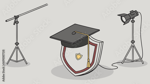 Graduation cap on shield studio lighting education security concept illustration.