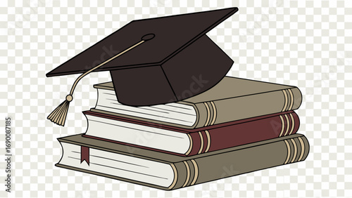 Graduation cap on stack of books education knowledge learning academic achievement success college university school study textbook literature wisdom degree diploma graduation ceremony commencement s.