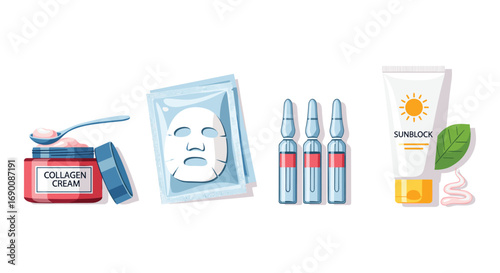 Achieve radiant skin with collagen cream sheet mask ampoules and sunblock for a complete beauty routine, Generative AI.
