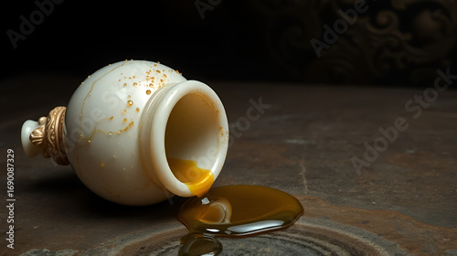 The oil was spilled next to an alabaster jar