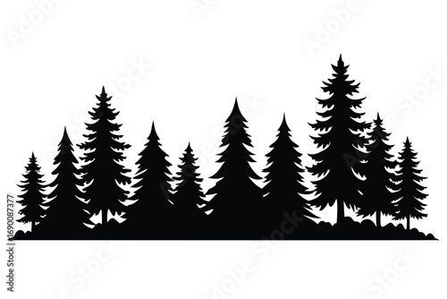 Silhouette Illustration of Pine Trees Forest, Evergreen Conifers Isolated on White Background Nature Scene