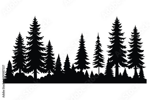 Silhouette Illustration of Pine Trees on a Hillside Against a White Background