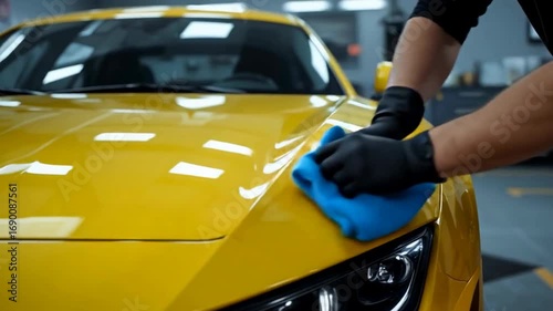 the hood of a bright yellow car. A man in dark clothes and gloves wipes the surface of the car with a blue cloth