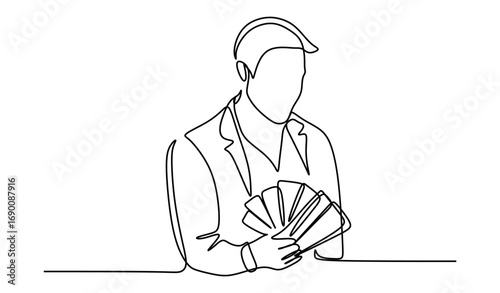 Continuous line art of a man holding a large amount of money. Vector illustration