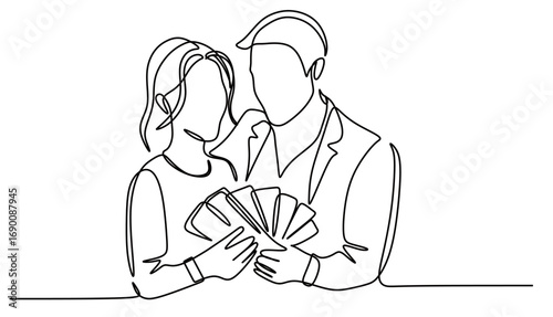 Continuous line art of a man and a woman holding a large amount of money. Vector illustration