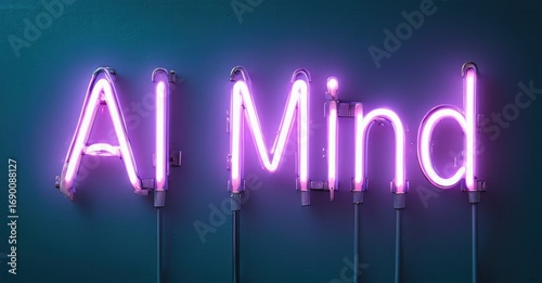 Bright pink neon sign displays AI Mind against dark blue wall. Modern aesthetic, simple typography, vibrant illumination.