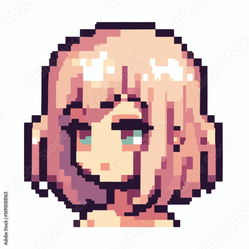 A beautifully crafted pixel art headshot of a female anime character with soft pink hair, created in a nostalgic retro gaming sprite style