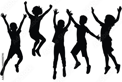 Silhouette of Joyful Children Jumping and Celebrating on White Background, Arms Raised High