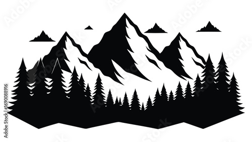 Silhouette of Majestic Mountains with Evergreen Trees, Illustration, Nature Landscape