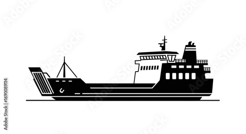 Black Silhouette of a Ferry Boat for Transportation.
