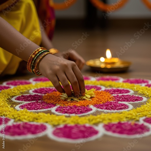 Woman hands creating a colorful floral pattern on the floor for a traditional Onam celebration in India. Festive ritual for Happy Onam festival of South India Kerala.	
