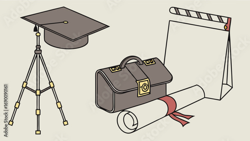 Graduation cap briefcase diploma film slate achievement education success career learning study knowledge school university college graduate commencement ceremony degree future professional job busin.