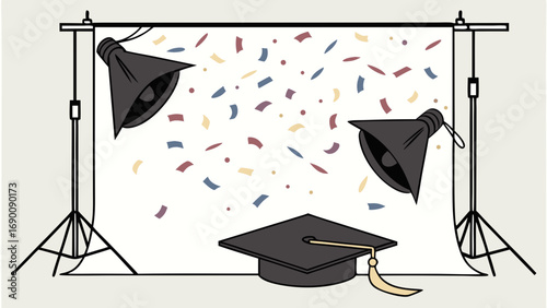 Graduation Cap Confetti Studio Backdrop Lighting Setup Celebration Achievement Illustration.