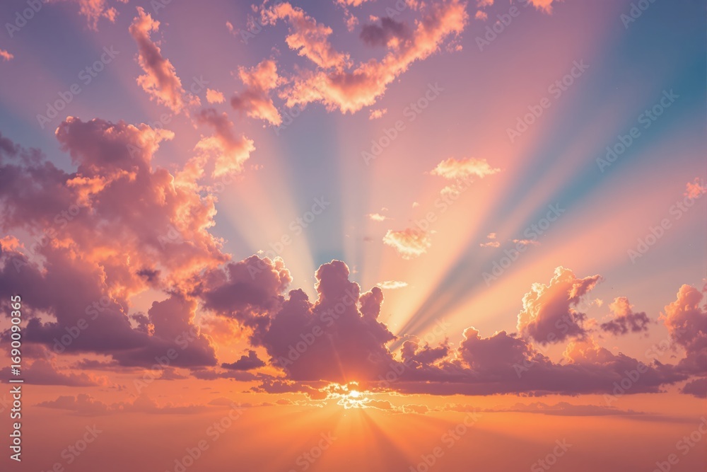 Obraz premium Colorful sky with sunbeams through pink and orange clouds in soft pastel tones, dreamy background for nature, hope, and peace concepts. Ai generative