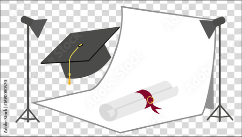 Graduation cap diploma and studio backdrop for announcements or invitations.