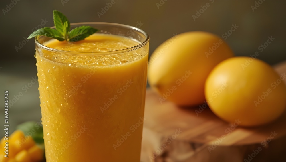 Fototapeta premium Refreshing Mango Smoothie with Fresh Mint and Ripe Mangos on Wooden Board
