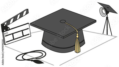 Graduation cap movie clapperboard and studio lighting set design illustration.