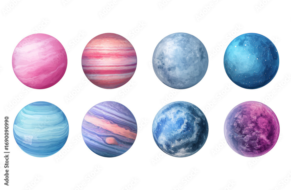 Fototapeta premium Set of pink and blue planets isolated on transparent background.