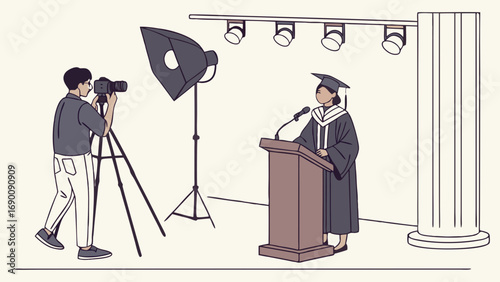Graduation Ceremony Filming Cameraman Recording Graduates Speech at Podium Academic Ceremony Education Event Professional Video Production Commencement University College Graduation Cap Gown Micropho.