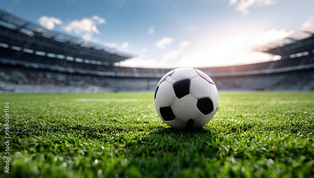Obraz premium Classic soccer ball on green field inside a stadium
