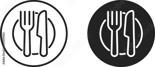 Restaurant dining icon, Fork and knife on plate for food and hospitality icon