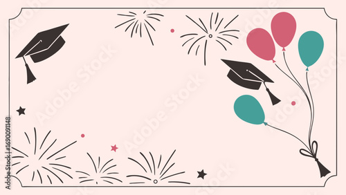 Graduation invitation card design template celebration achievement diploma party festive balloons caps fireworks border background congratulation success academic education commencement ceremony grad.