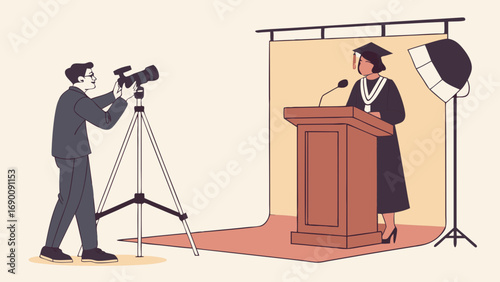 Graduation Photography Session Photographer Captures Graduate at Podium with Studio Lighting.