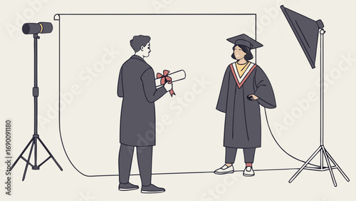 Graduation Photography Session Studio Portrait of Graduate Receiving Diploma Academic Achievement Celebration Commencement Ceremony.