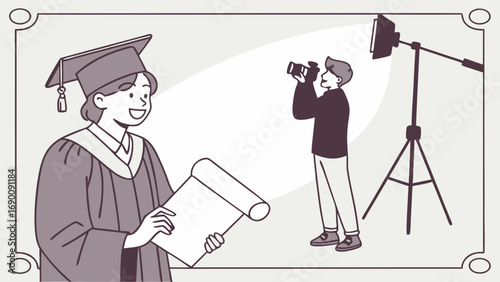 Graduation photoshoot student in cap and gown photographer with camera diploma studio lighting education achievement success celebration portrait photography image illustration graphic design vector .