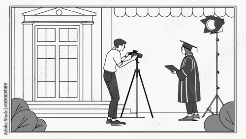 Graduation photoshoot photographer taking pictures of a graduate professional portrait diploma ceremony academic achievement celebration success education achievement commencement graduation gown cap.