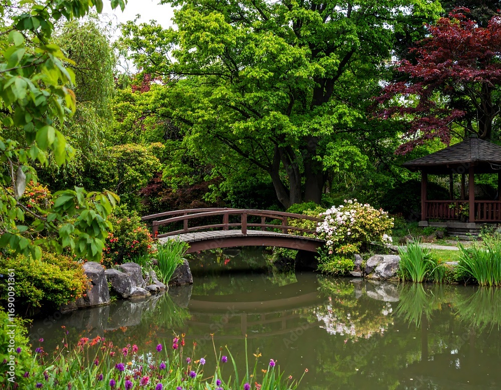 Fototapeta premium Serene garden with wooden bridge over pond