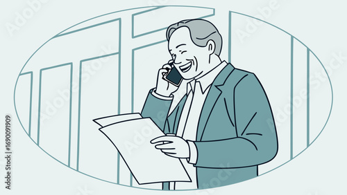 Happy businessman on phone call reviewing documents.