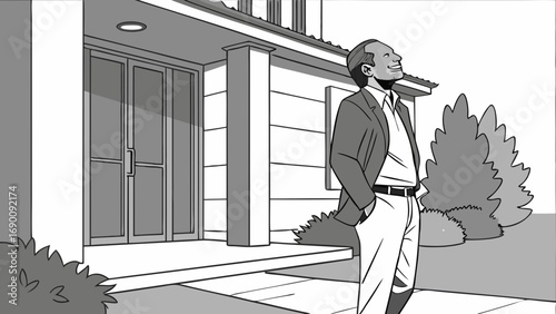 Happy man standing outside a house.