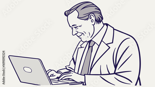 Illustration of a mature man using a laptop computer.