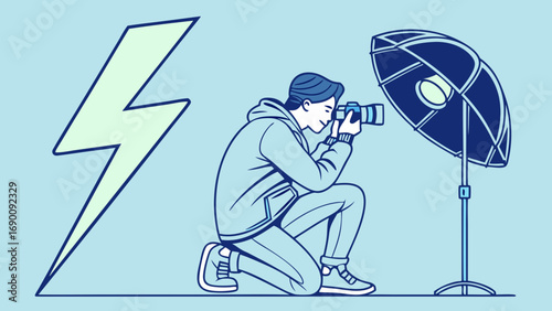 Illustration of a Photographer Using a Camera with Studio Lighting.