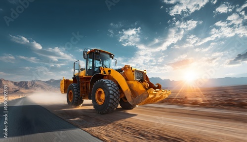 Heavy bulldozer moving on dusty construction site